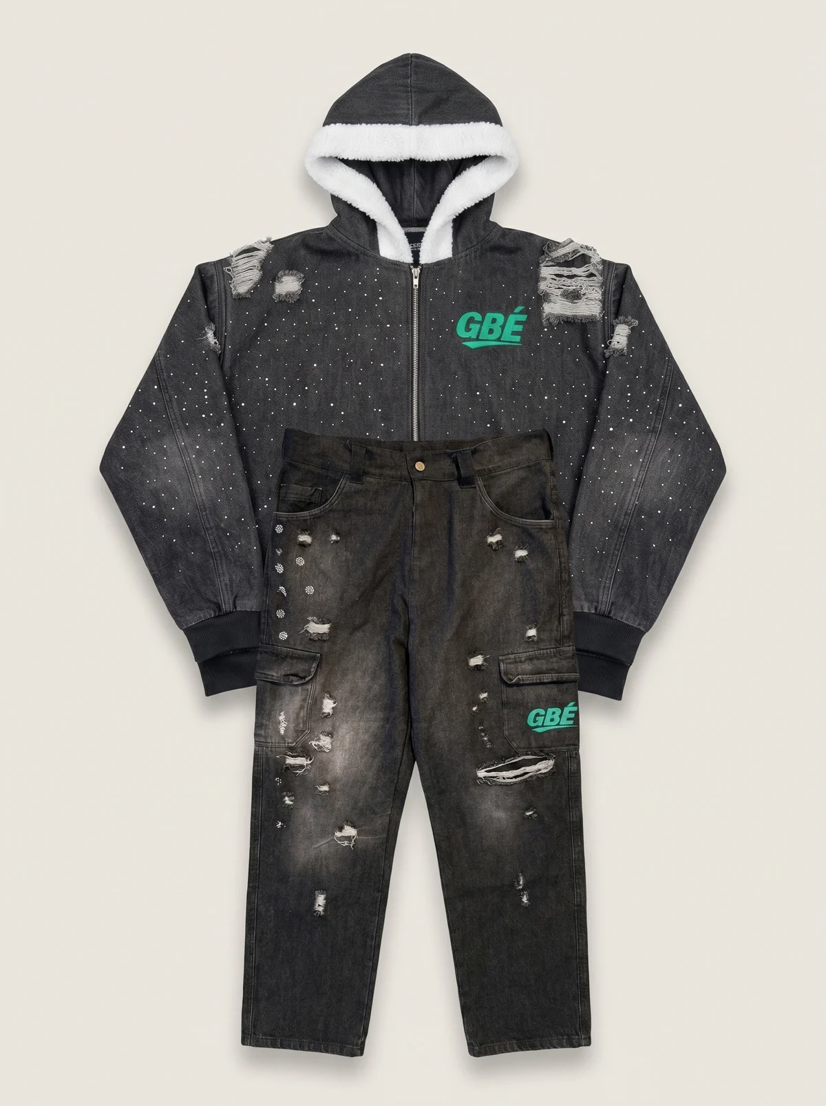 Ensemble Héritage GBÉ : veste et cargo denim à plat