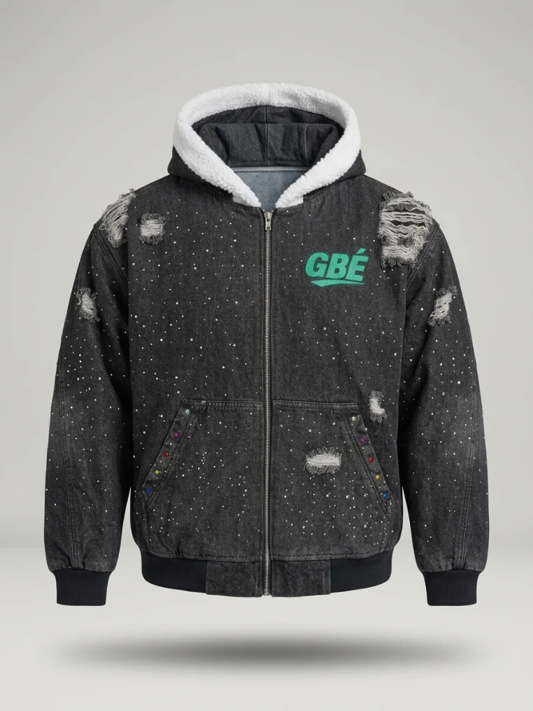 Veste Héritage GBÉ, denim délavé constellé de strass